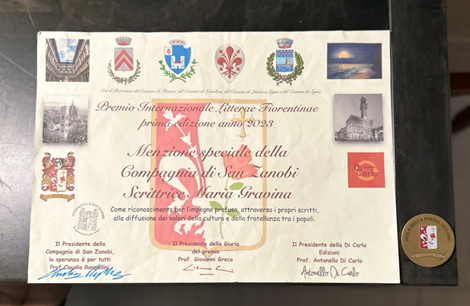 Certificado do Premio Internazionale Litterae Fiorentinae 2023