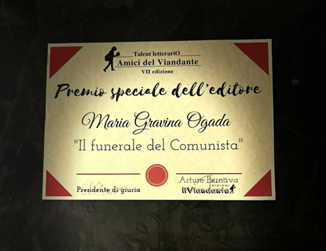 Certificado do Premio Talent Letterario Amici del Viandante 2022